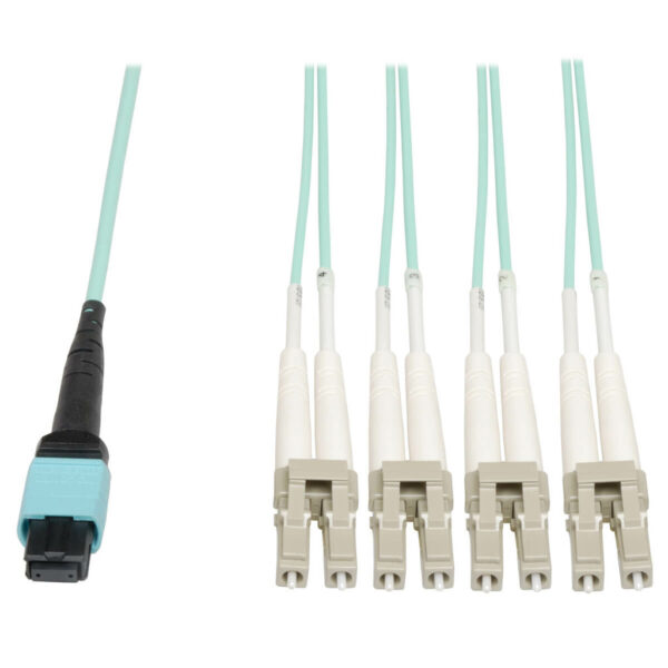 Tripp Lite series MTP/MPO Fan-Out Cable, MTP/MPO to 4xLC, 40GbE, 40GBASE-SR4, OM3 Plenum-Rated - Aqua, 3M (10 ft.)
