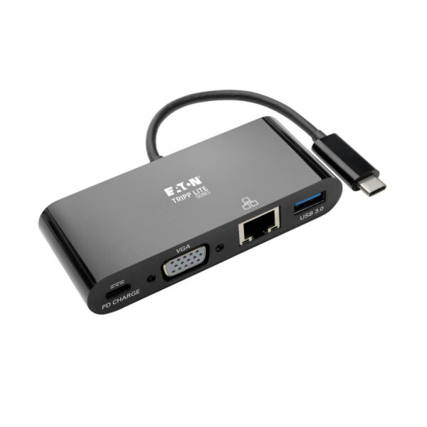 a26f5620679de6cb01dc4e81f11a4b19 Tripp Lite series USB-C Multiport Adapter, VGA, USB 3.x (5Gbps) Hub Port, Gigabit Ethernet and 60W PD Charging, Black
