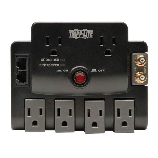 Tripp Lite series Protect It! 6-Outlet Surge Protector - 4 Rotating Outlets, 5-15P Input, 1440 Joules, Tel/Modem/Coax Protection, Black
