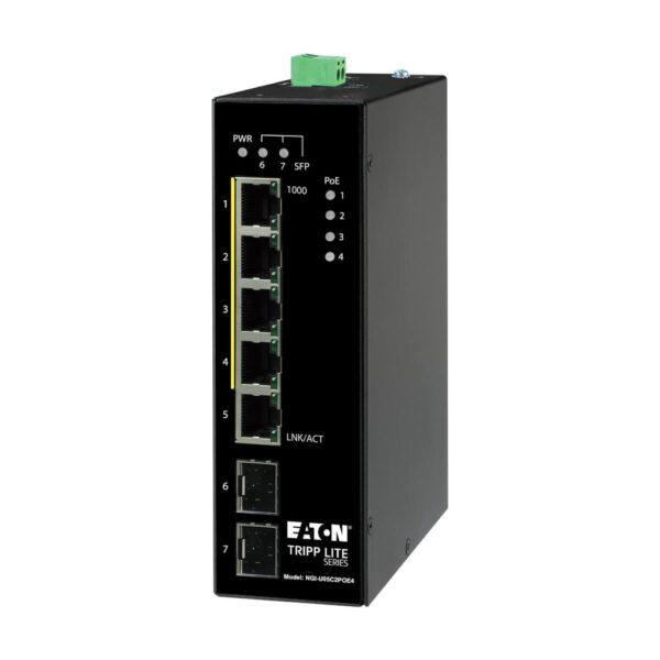 aca80f0cf5fccb639e1712b7f372e746 Tripp Lite series 5-Port Unmanaged Industrial Gigabit Ethernet Switch - 10/100/1000 Mbps, PoE+ 30W, -10° to 60°C, 2 GbE SFP Slots, DIN Mount, TAA