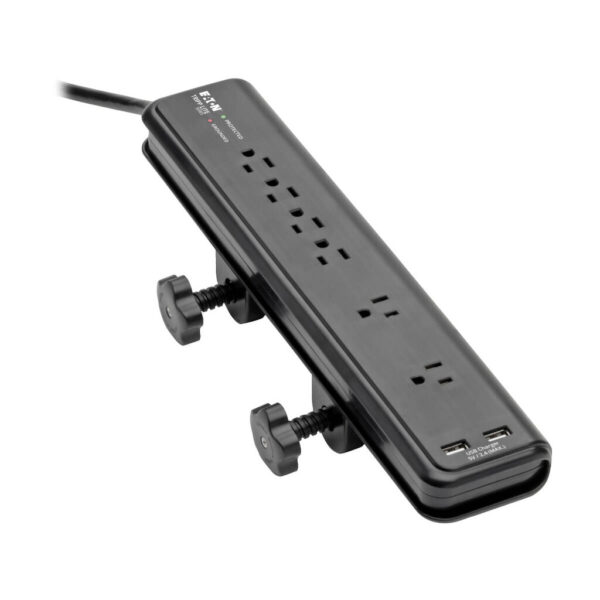Tripp Lite series Protect It! 6-Outlet Clamp-Mount Surge Protector, 6 ft. (1.83 m) Cord, 2100 Joules, 2 x USB Charging ports (2.1A total)