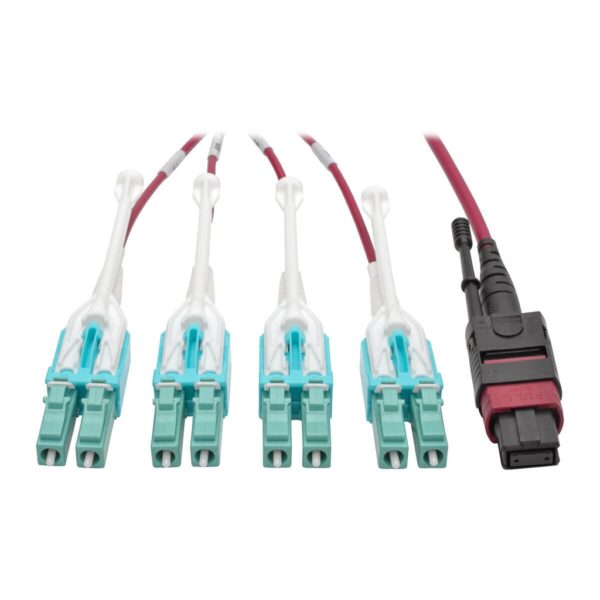 adf8437ddf2e97d9f17c9bd9b3dc57a4-3 Tripp Lite series 40G MTP/MPO to 4xLC Fan-Out OM4 Plenum-Rated Fiber Optic Cable, 40GBASE-SR4, Push/Pull Tabs, Magenta, 1 m