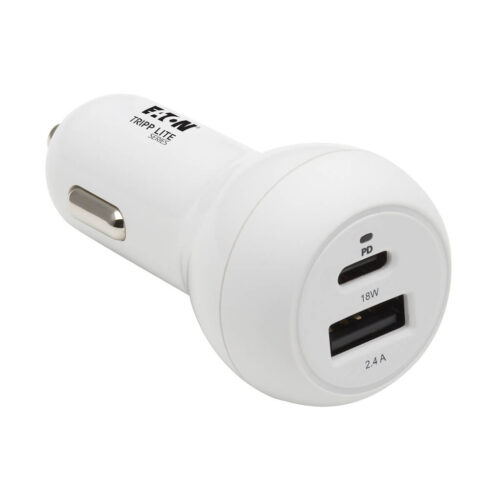 Tripp Lite series Dual-Port USB Car Charger - 30W PD Charging, USB-C (18W) & USB-A (12W), USB-C to Lightning Cable, White