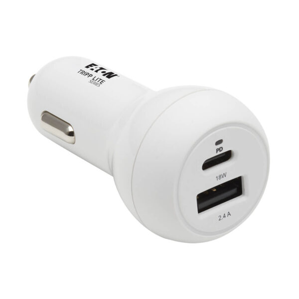 ae0299cc8ad14aeadc58df69d8f4d1fa Tripp Lite series Dual-Port USB Car Charger - 30W PD Charging, USB-C (18W) & USB-A (12W), USB-C to Lightning Cable, White