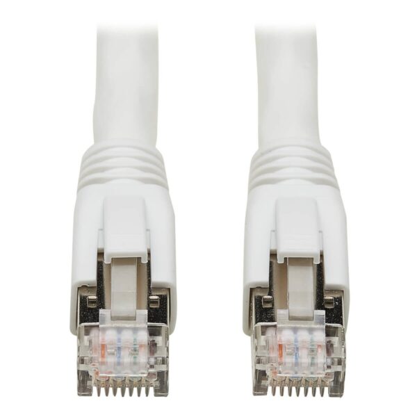 aef471012805f538ff3a69bf11672ee2-4 Tripp Lite series Cat8 25G/40G Certified Snagless Shielded S/FTP Ethernet Cable (RJ45 M/M), PoE, White, 15 ft. (4.57 m), TAA