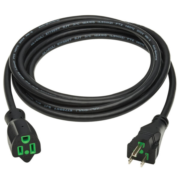 Tripp Lite series Safe-IT Antibacterial Hospital-Grade Extension Cord, 5-15P to 5-15R - Green Dot, 13A, 125V, 16 AWG, Black, 10 ft. (3 m)