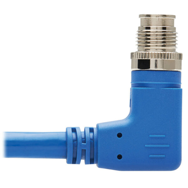 b03cd1dbff306b973aa57641d786b2a4-1 Tripp Lite series M12 X-Code Cat6a 10G F/UTP CMR-LP Shielded Ethernet Cable (Right-Angle M/M), IP68, PoE, Blue, 2 m (6.6 ft.), TAA