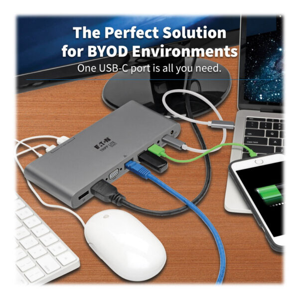 b06af9032086f1db59af7d77f8000fa5 Tripp Lite series USB-C Dock, Triple Display - 4K HDMI/DisplayPort, VGA, USB 3.x (5Gbps), USB-A/C Hub Ports, GbE, 100W PD Charging, EU/UK Power Supply