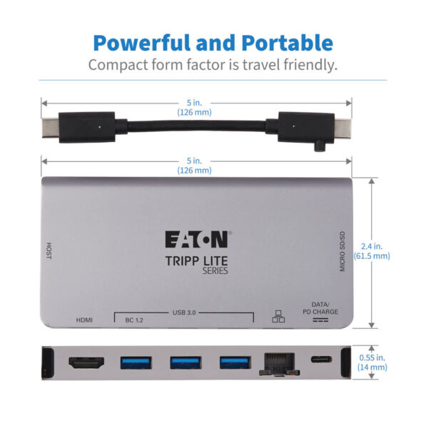 Tripp Lite series USB-C Dock - 4K HDMI, USB 3.x (5Gbps), USB-A/C Hub Ports, GbE, Memory Card, 100W PD Charging, Detachable Cord