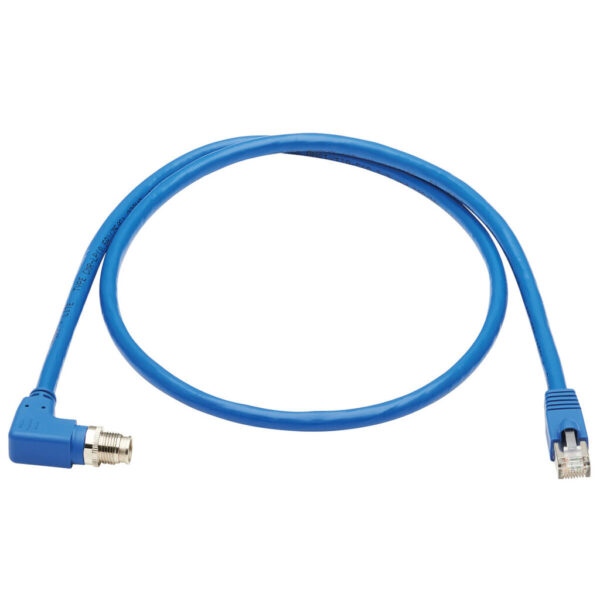 b17675ca0354a89ceae64602303aa4fe-1 Tripp Lite series M12 X-Code Cat6a 10G F/UTP CMR-LP Shielded Ethernet Cable (Right-Angle M12 M/RJ45 M), IP68, PoE, Blue, 1 m (3.3 ft.), TAA