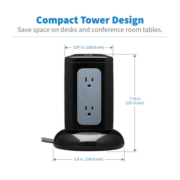 Tripp Lite series 6-Outlet Surge Protector Tower, 3x USB-A, 1x USB-C, 8 ft. Cord, 5-15P Plug, 1800 Joules, Black