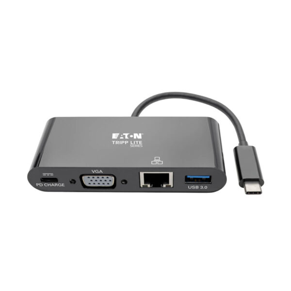 b327c8fed7311ba1087a975c02fa85c6 Tripp Lite series USB-C Multiport Adapter, VGA, USB 3.x (5Gbps) Hub Port, Gigabit Ethernet and 60W PD Charging, Black