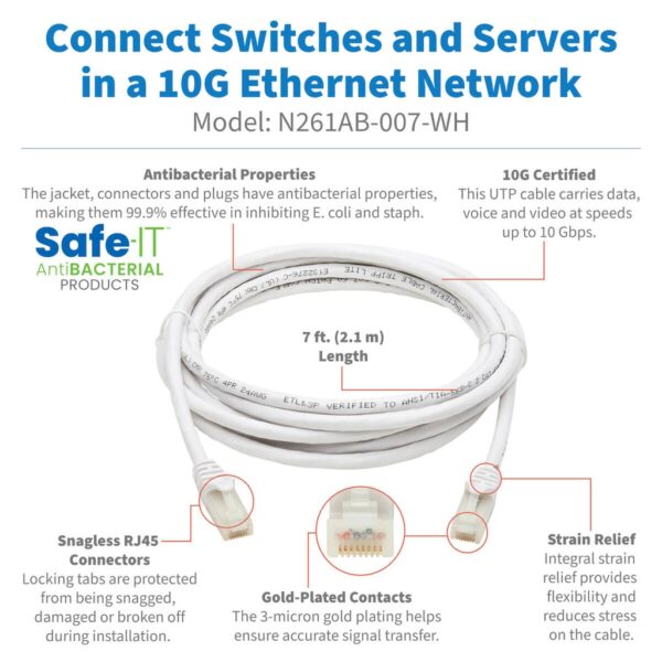b3b36565ec6d0d9bf4f6b36234339d75 Tripp Lite series Safe-IT Cat6a 10G Snagless Antibacterial UTP Ethernet Cable (RJ45 M/M), PoE, White, 7 ft. (2.13 m), TAA