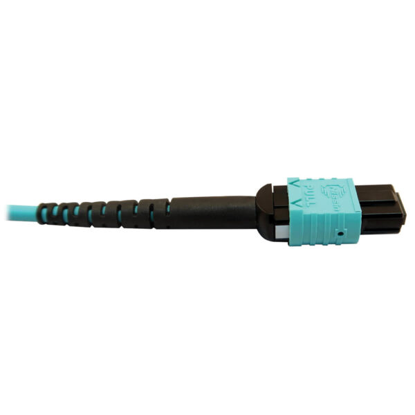 Tripp Lite series 400G Multimode 50/125 OM4 Plenum Fiber Optic Cable, 24F MTP/MPO-PC to (x2) 12F MTP/MPO-PC (F/F), Aqua, 5 m