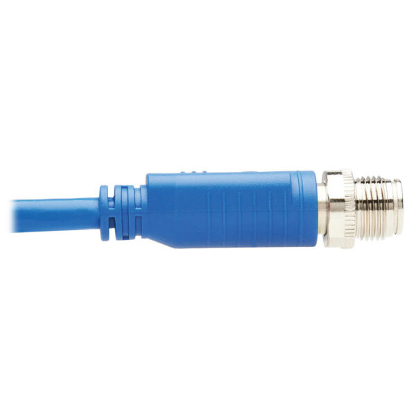 Tripp Lite series M12 X-Code Cat6 1G UTP CMR-LP Ethernet Cable (Right-Angle M/M), IP68, PoE, Blue, 1 m (3.3 ft.), TAA