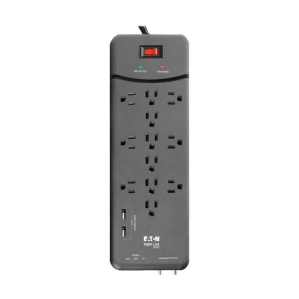 Tripp Lite series Protect It! 12-Outlet Surge Protector, 8 ft. (2.43 m) Cord, 4320 Joules, Tel/Modem/Coax Protection, 2 USB Ports, Black
