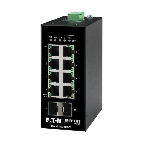 Tripp Lite series 8-Port Unmanaged Industrial Gigabit Ethernet Switch - 10/100/1000 Mbps, 2 GbE SFP Slots, -40° to 75°C, iQoS, DIN Mount, TAA