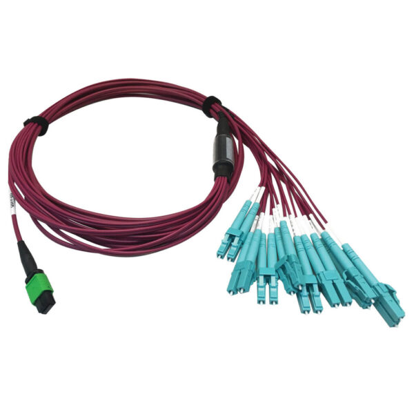 b643eda61101c5da1d5dbebbe36d6a45 Tripp Lite series 400G Multimode 50/125 OM4 Plenum Fiber Optic Breakout Cable, 16F MTP/MPO-APC to (x4) LC Duplex (F/M), Magenta, 3 m