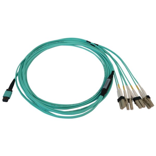 Tripp Lite series 40/100/400G Multimode 50/125 OM3 Fiber Optic Cable (12F MTP/MPO-PC to 4x Duplex LC/PC F/M), LSZH, Aqua, 5 m (16.4 ft.)