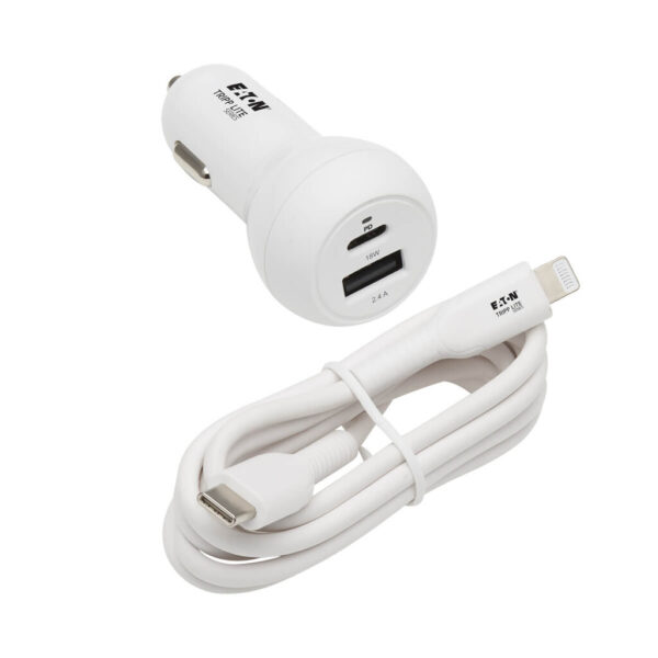 b906dc4e878d97f83f07a3c384bf26a0 Tripp Lite series Dual-Port USB Car Charger - 30W PD Charging, USB-C (18W) & USB-A (12W), USB-C to Lightning Cable, White