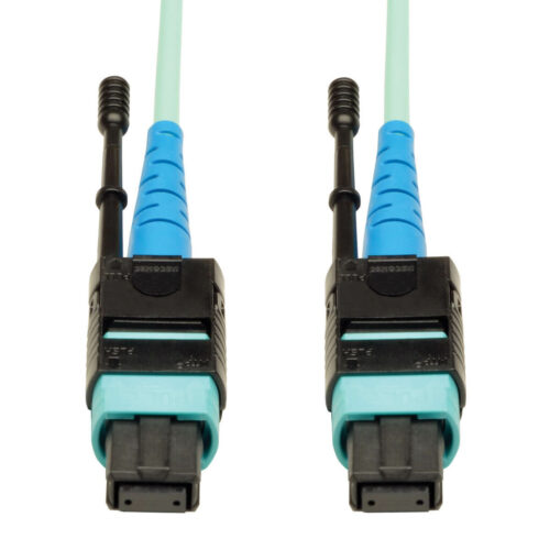 Tripp Lite series 100G MTP/MPO Multimode OM3 Plenum-Rated Fiber Optic Cable (CXP), 24 Fiber, 100GBASE-SR10, Push/Pull Tabs, Aqua, 1 m