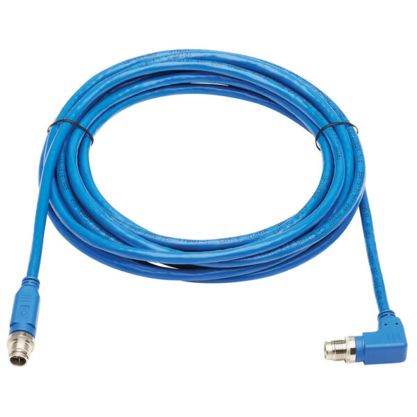 b9b4cc3537721b5fbdc4c3801225f95c-2 Tripp Lite series M12 X-Code Cat6 1G UTP CMR-LP Ethernet Cable (Right-Angle M/M), IP68, PoE, Blue, 5 m (16.4 ft.), TAA
