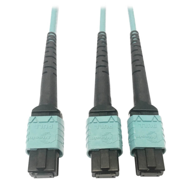 b9ed0fbde8128a623a7d96f1e9618df6-1 Tripp Lite series 400G Multimode 50/125 OM4 Plenum Fiber Optic Cable, 24F MTP/MPO-PC to (x2) 12F MTP/MPO-PC (F/F), Aqua, 1 m