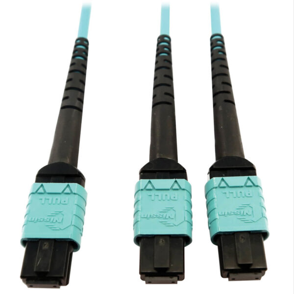 Tripp Lite series 400G Multimode 50/125 OM4 Plenum Fiber Optic Cable, 24F MTP/MPO-PC to (x2) 12F MTP/MPO-PC (F/F), Aqua, 5 m