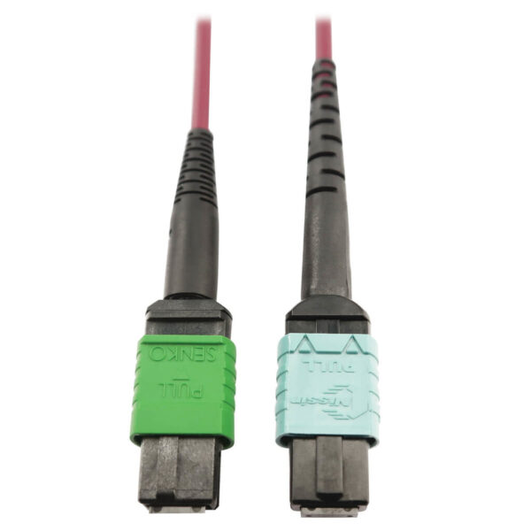 ba90ca908b7965a765eaee861216a32b-1 Tripp Lite series 400G Multimode 50/125 OM4 Plenum Fiber Optic Cable, 16F MTP/MPO-APC to 24F MTP/MPO-UPC (F/F), Magenta, 1 m