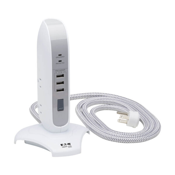 Tripp Lite series 5-Outlet Surge Protector Tower, 3x USB Ports (3.1A Shared), 6 ft. Cord, 5-15P Plug, 1200 Joules, White