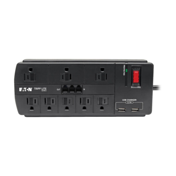 bd5db1a824eb8266f8aee3616722a729 Tripp Lite series 8-Outlet Surge Protector with 2 USB Ports (2.1A Shared) - 8 ft. (2.43 m) Cord, 1200 Joules, Tel/Modem, Black