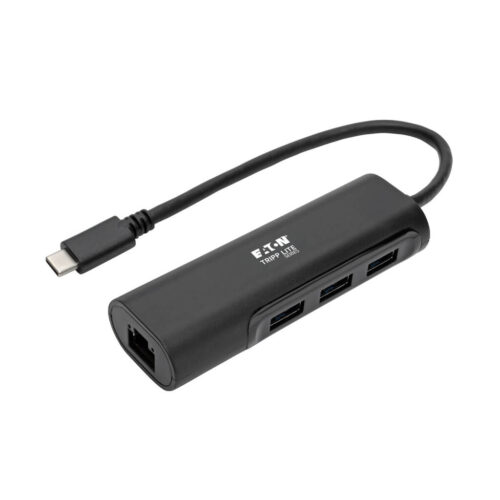 Tripp Lite series 3-Port USB 3.x (5Gbps) Hub with LAN Port, USB-C to 3x USB-A Ports and Gigabit Ethernet, Black