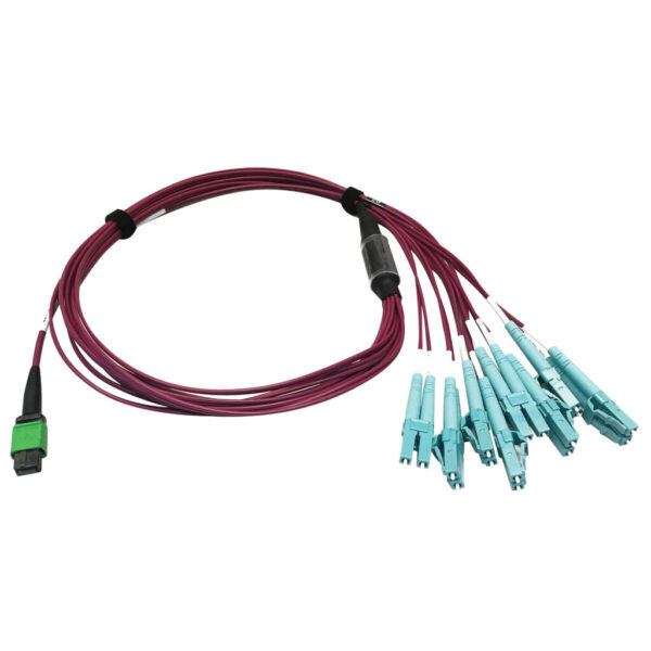 bf56d03690976ebc37913fd8597dab9e Tripp Lite series 400G Multimode 50/125 OM4 Plenum Fiber Optic Breakout Cable, 16F MTP/MPO-APC to (x4) LC Duplex (F/M), Magenta, 1 m