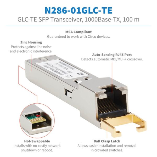 bfd892624c87093d876215558c8b8603 Tripp Lite series Cisco-Compatible GLC-TE SFP Transceiver - 10/100/1000Base-TX, Copper, RJ45, Cat6, 328.08 ft. (100 m)