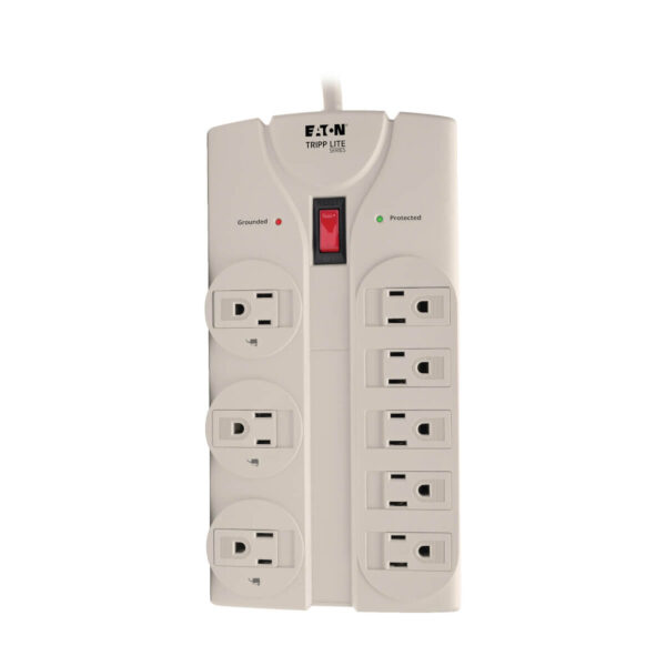 c00d9b2cd878d9e11c0ddcfb7e4641e4 Tripp Lite series Protect It! 8-Outlet Surge Protector, 8 ft. Cord with Right-Angle Plug, 1440 Joules, Diagnostic LEDs, Light Gray Housing