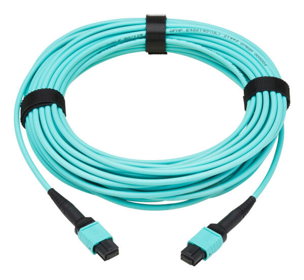 Tripp Lite series 40/100/400G Multimode 50/125 OM3 Fiber Optic Cable (8F MPO/MPO-PC F/F), Type-A Polarity, OFNP, Aqua, 20 m (65.6 ft.)