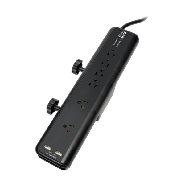 Tripp Lite series Protect It! 6-Outlet Clamp-Mount Surge Protector, 6 ft. (1.83 m) Cord, 2100 Joules, 2 x USB Charging ports (2.1A total)