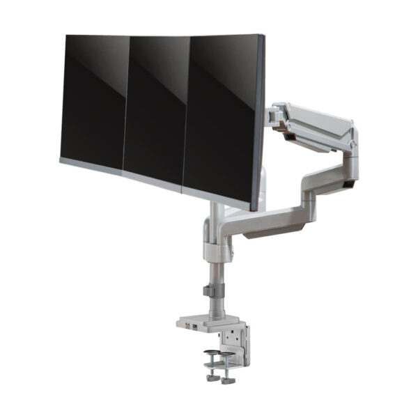 Tripp Lite series Triple-Display Gas-Spring Flex-Arm Desktop Clamp and Grommet for 17” to 30” Flat-Screen Displays - USB and Audio Ports, Aluminum