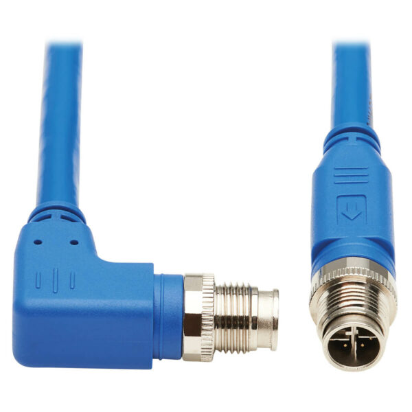 Tripp Lite series M12 X-Code Cat6a 10G F/UTP CMR-LP Shielded Ethernet Cable (Right-Angle M/M), IP68, PoE, Blue, 10 m (32.8 ft.), TAA