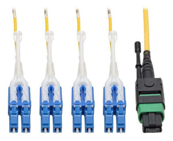 c9198368457069e40418dd26de691dbf-2 Tripp Lite series MTP/MPO (APC) to 4xLC (UPC) Singlemode Breakout Patch Cable, 40/100 GbE, QSFP+ 40GBASE-PLR4, Plenum, Yellow, 3 m (10 ft.)