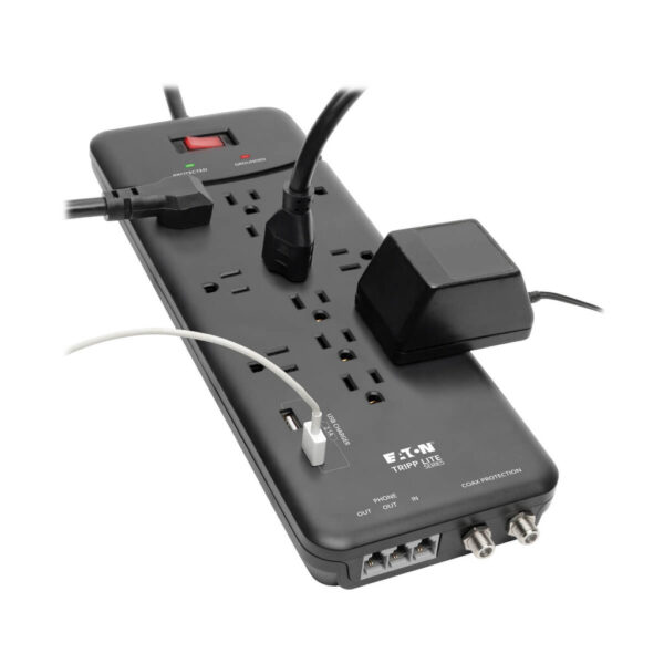 Tripp Lite series Protect It! 12-Outlet Surge Protector, 8 ft. (2.43 m) Cord, 4320 Joules, Tel/Modem/Coax Protection, 2 USB Ports, Black