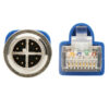 c9677296d1eb407acc716401cccbde63-3 Tripp Lite series M12 X-Code Cat6a 10G F/UTP CMR-LP Shielded Ethernet Cable (M12 M/RJ45 M), IP68, PoE, Blue, 2 m (6.6 ft.), TAA