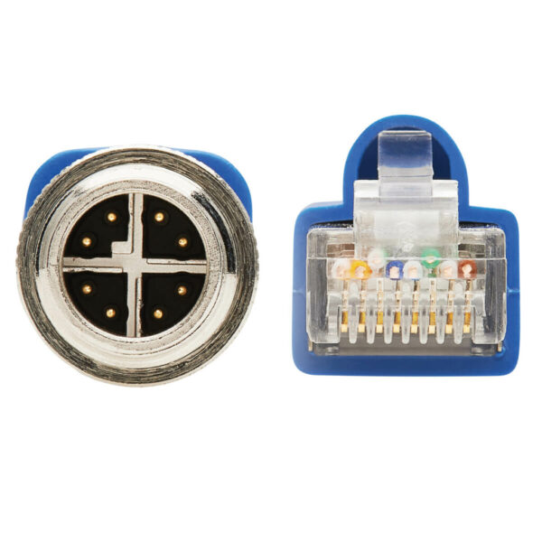 Tripp Lite series M12 X-Code Cat6a 10G F/UTP CMR-LP Shielded Ethernet Cable (M12 M/RJ45 M), IP68, PoE, Blue, 5 m (16.4 ft.), TAA