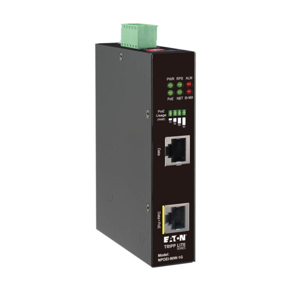 c9c59e9b29e136e17c880c99236067c3 Tripp Lite Industrial Gigabit PoE++ Injector, 90W, 802.3bt Midspan, -40 to +75 C, IP30, Dual 24-57V DC, DIN Rail, 1 Port, TAA - NPOEI-90W-1G