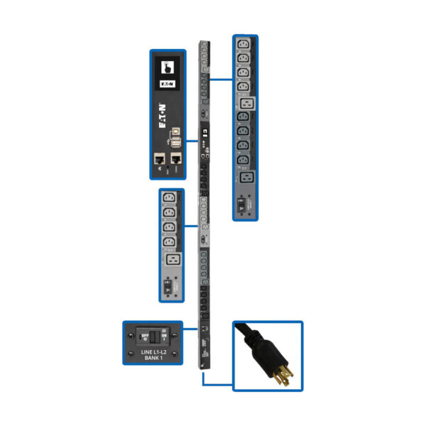c9cb14f85ae2f0257ec10ce43387b2ac Eaton 10kW 200-240V 3PH Switched PDU - LX Interface, Gigabit, 30 Outlets, L21-30P Input, LCD, 3 m Cord, 0U 1.8 m Height, TAA