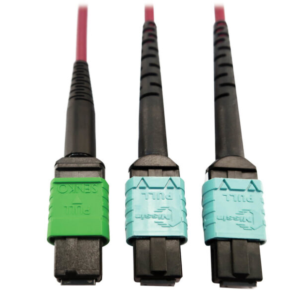 Tripp Lite series 400G Multimode 50/125 OM4 Plenum Fiber Optic Cable, 16F MTP/MPO-APC to (x2) 12F MTP/MPO-UPC (F/F), Magenta, 3 m