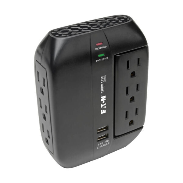 cb7476dbbc7effbdf69d919a60d4a25f Tripp Lite series Protect It! 6-Outlet Surge Protector with 3 Rotatable Outlets – Direct Plug-In, 1200 Joules, 2 USB Ports