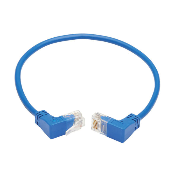 cbef5f43453c55de88fafaa473e54cf4 Tripp Lite series Up/Down-Angle Cat6 Gigabit Molded Slim UTP Ethernet Cable (RJ45 Up-Angle M to RJ45 Down-Angle M), Blue, 1 ft. (0.31 m)
