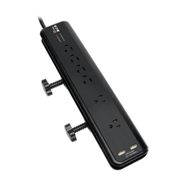 Tripp Lite series Protect It! 6-Outlet Clamp-Mount Surge Protector, 6 ft. (1.83 m) Cord, 2100 Joules, 2 x USB Charging ports (2.1A total)