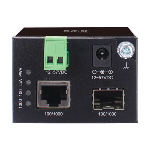 Tripp Lite series Unmanaged Industrial Gigabit Fiber to Ethernet Media Converter, 10/100/1000 Mbps, RJ45/SFP, -40° to 75°C, DC Power, TAA